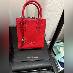 MK Womens Mercer Extra-Small Pebbled Leather Crossbody Bag(BrightRed)& MK wallet